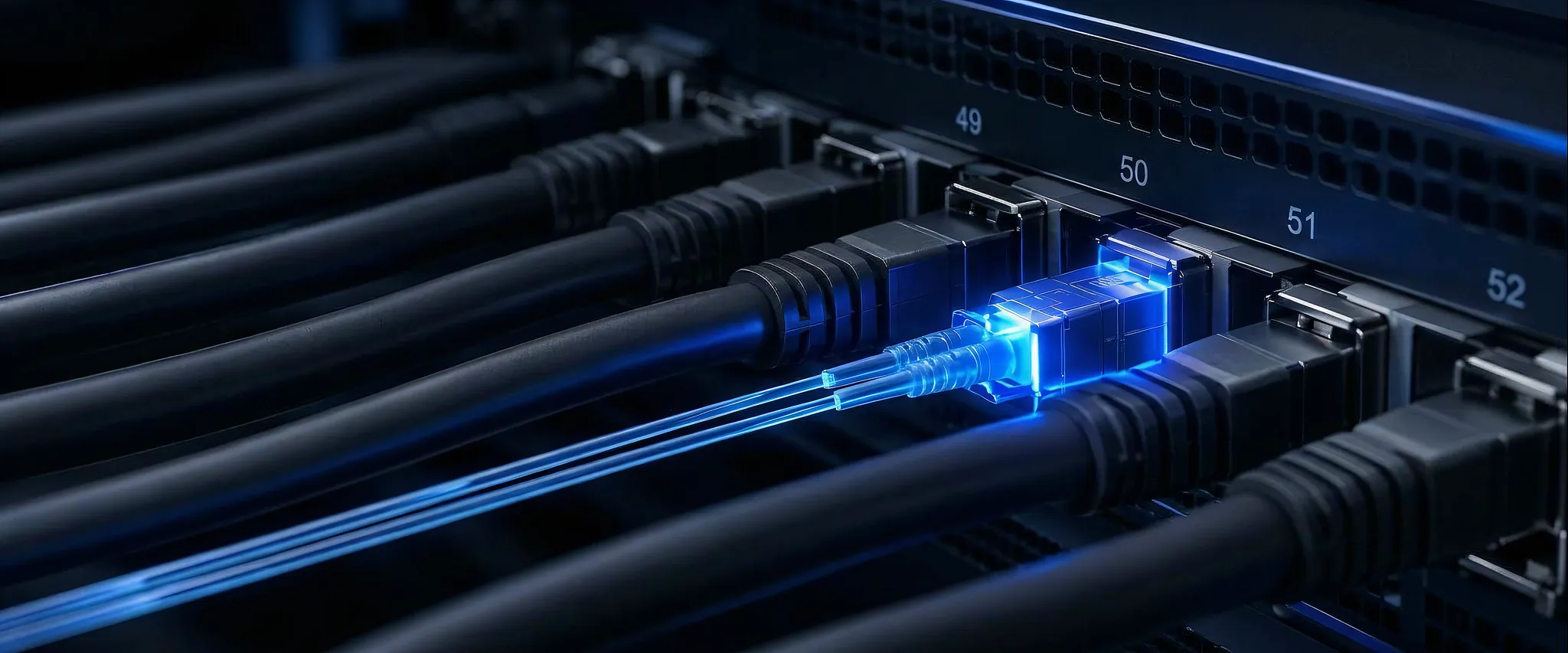 Network switch with a glowing fiber uplink in SFP+ port 50
